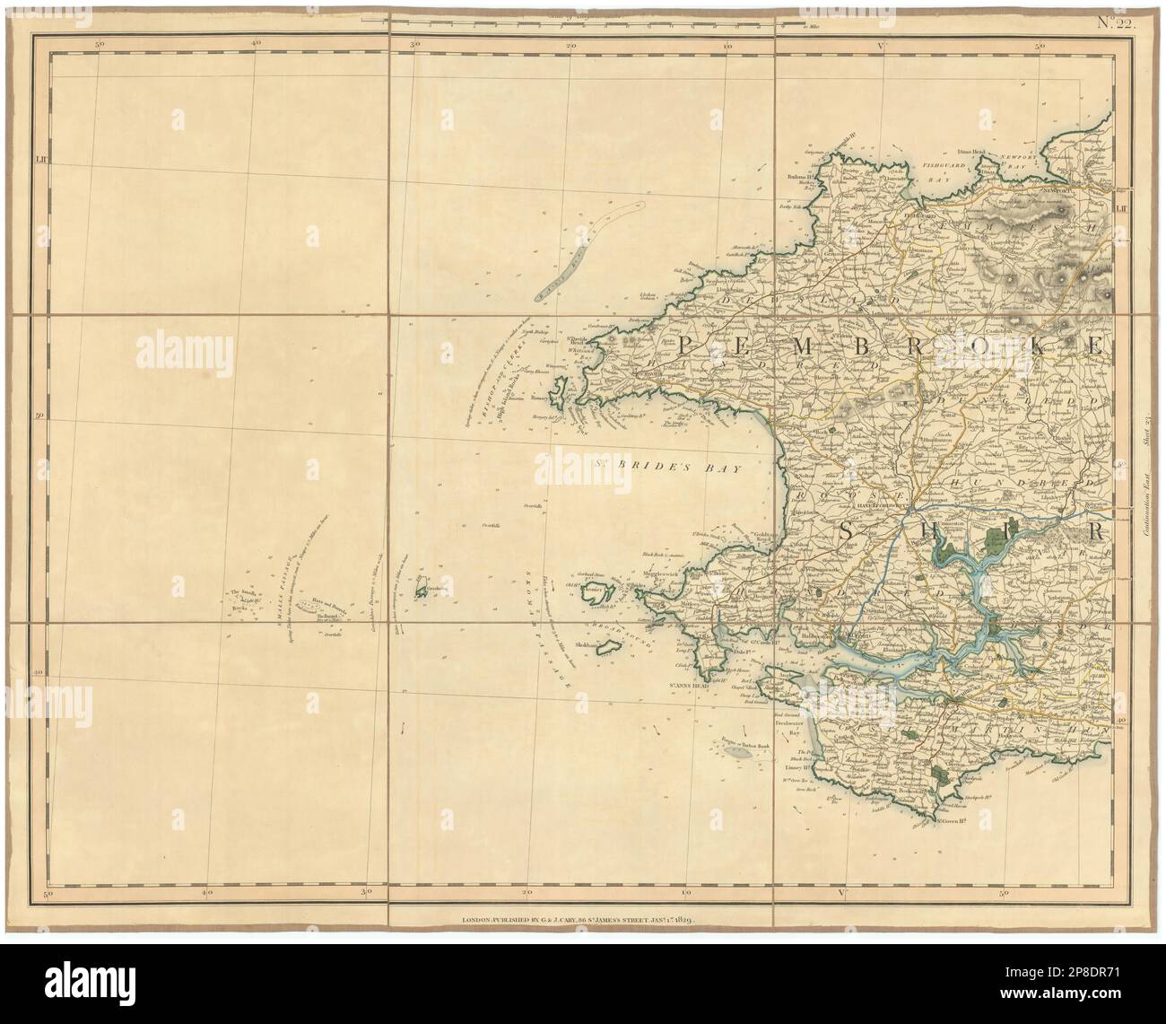 PEMBROKESHIRE COSTA. Milford Haven. St Bride's Bay. San Davide. Mappa CARY 1832 Foto Stock