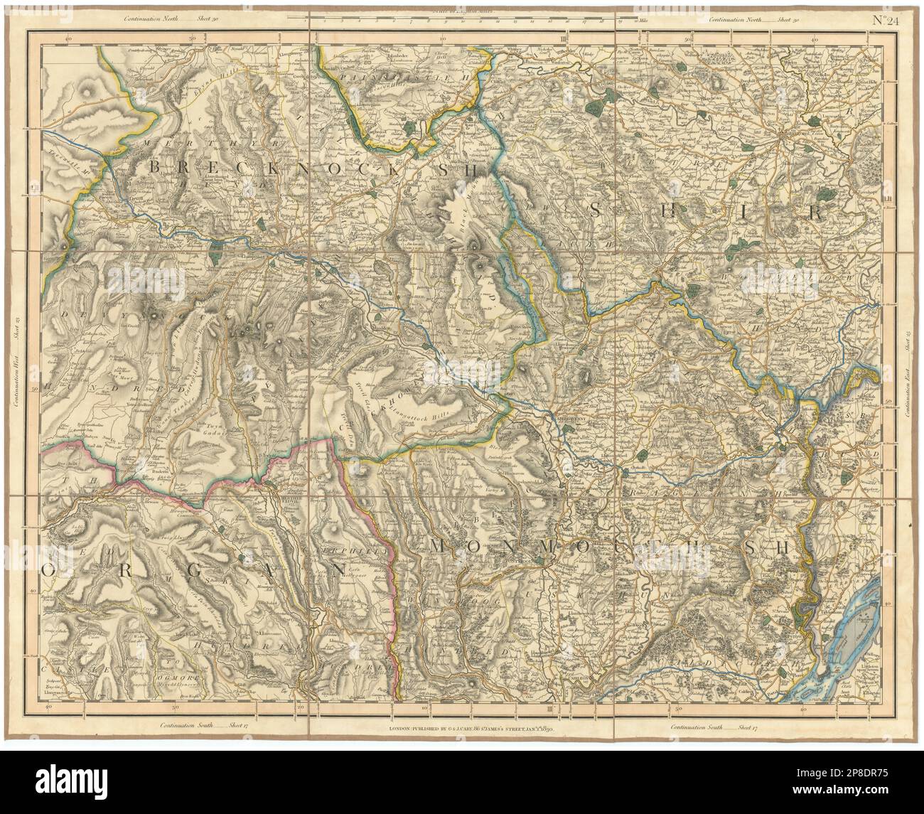 GALLES DEL SUD/VALLI DI WYE, BEACON BRECON. Breconshire Monmouthshire CARY 1832 mappa Foto Stock