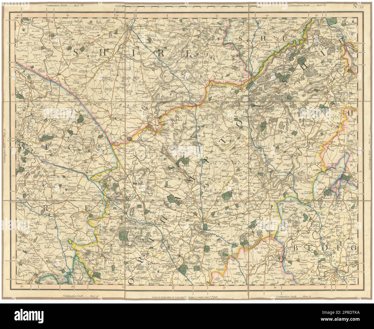 MIDLANDS ORIENTALI. Northamptonshire, e Warwickshire, S Leicestershire. Mappa CARY 1832 Foto Stock