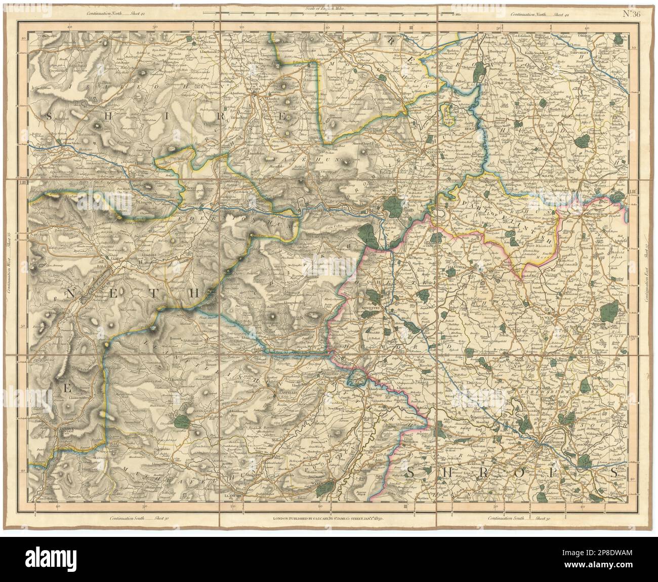 South Denbighshire, N Montgomeryshire, e Merionethshire, NW Shrops CARY 1832 mappa Foto Stock