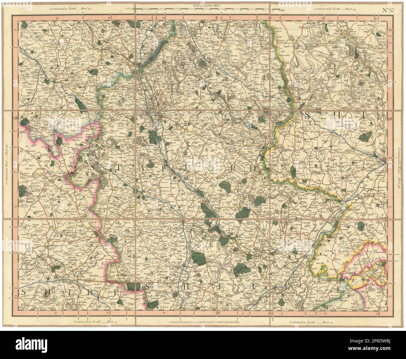 STAFFORDSHIRE, NE Shropshire, se Cheshire, SW Derbyshire. CARY 1832 vecchia mappa Foto Stock