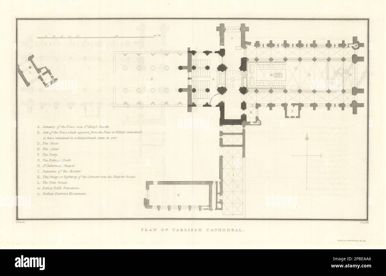 Pianta della Cattedrale di Carlisle. NASH 1816 vecchia carta antica vintage mappa Foto Stock