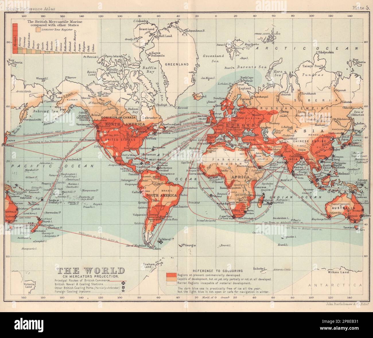 Carta commerciale del mondo. Stazioni di coaling. BARTOLOMEO 1898 vecchia mappa Foto Stock