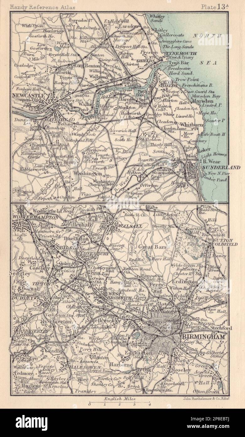 Dintorni di Birmingham e Newcastle. Warwickshire. BARTOLOMEO 1898 vecchia mappa Foto Stock