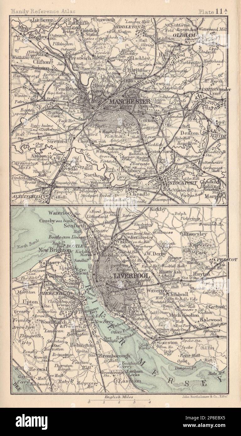 Dintorni di Manchester e Liverpool. Lancashire. BARTOLOMEO 1898 vecchia mappa Foto Stock