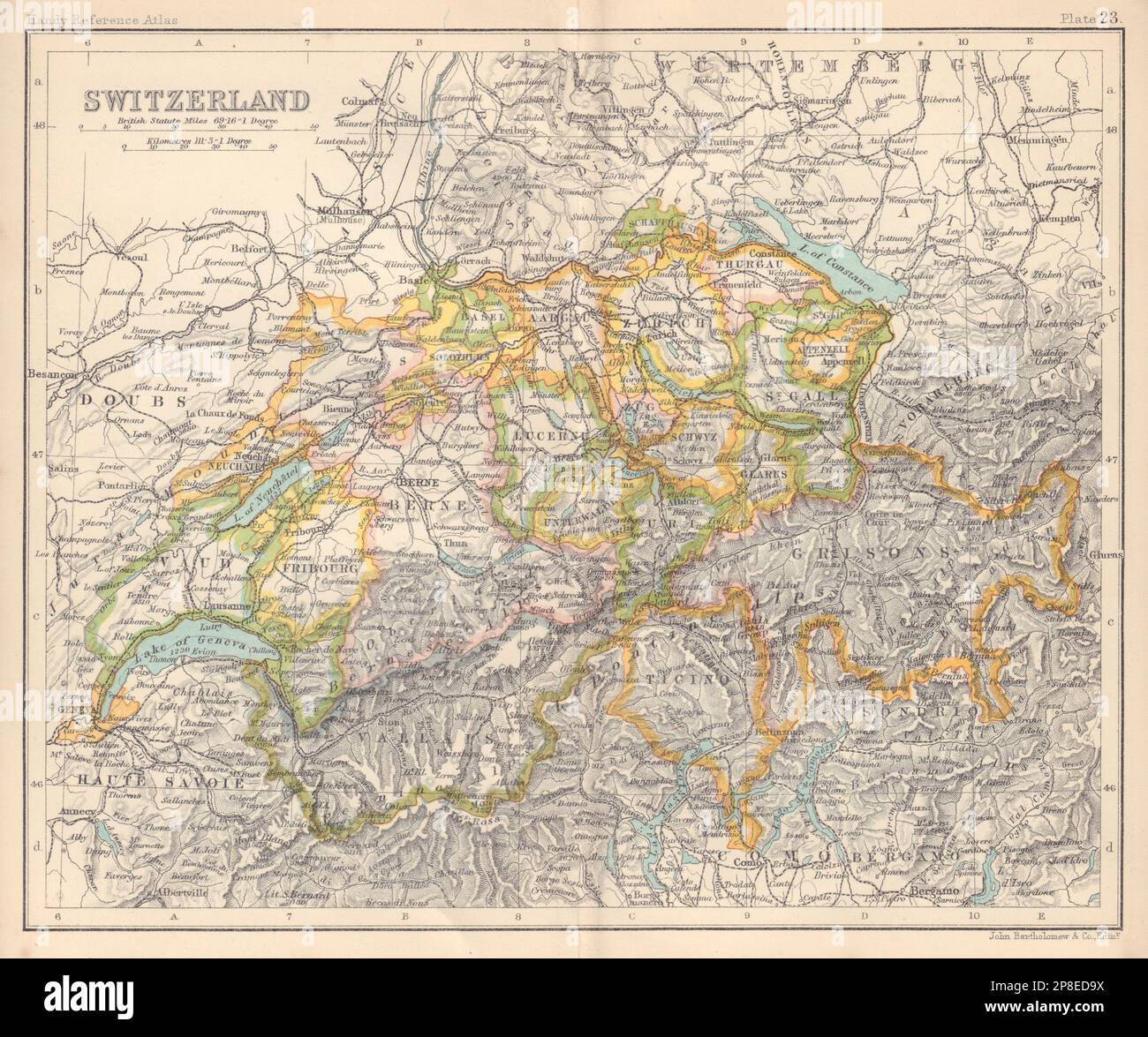 Svizzera con Cantoni. BARTHOLOMEW 1898 antica mappa piano Foto Stock