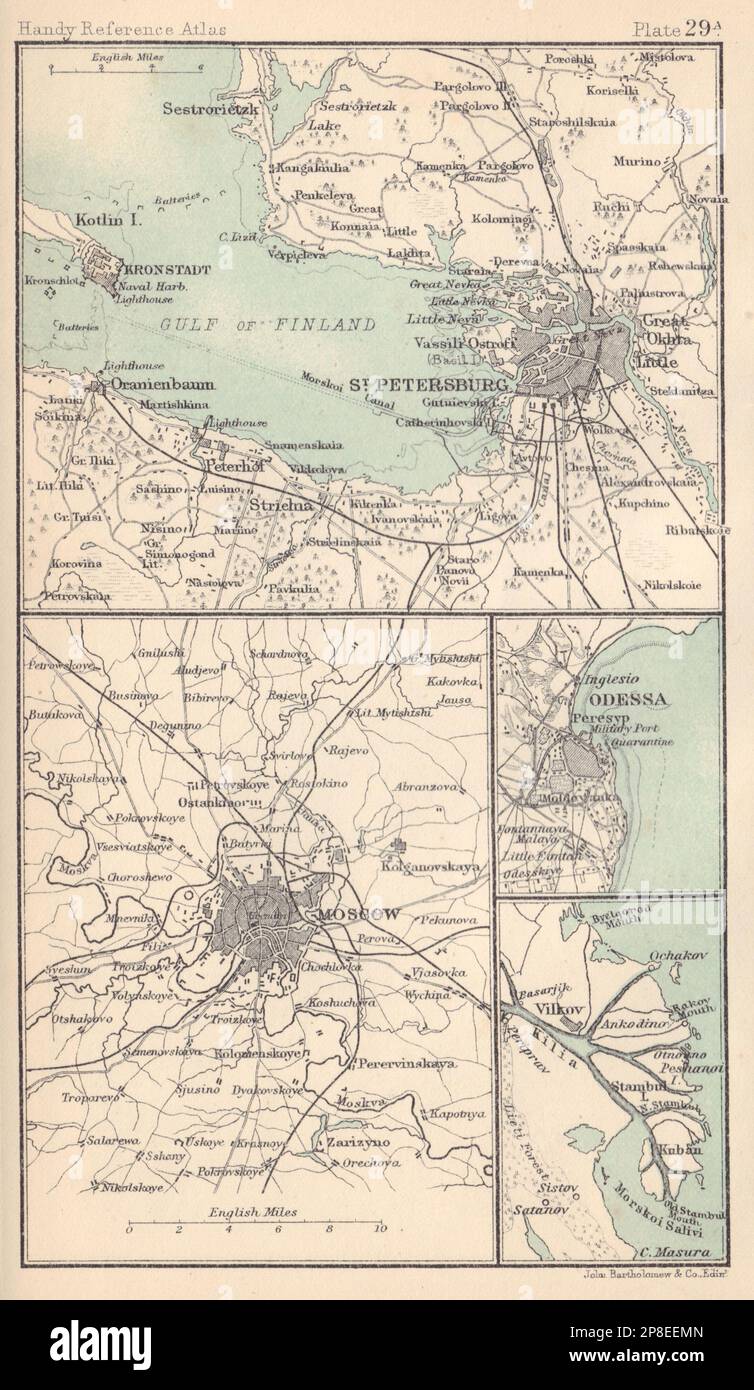 Dintorni di San Pietroburgo, Mosca e Odessa. Russia. BARTOLOMEO 1898 vecchia mappa Foto Stock