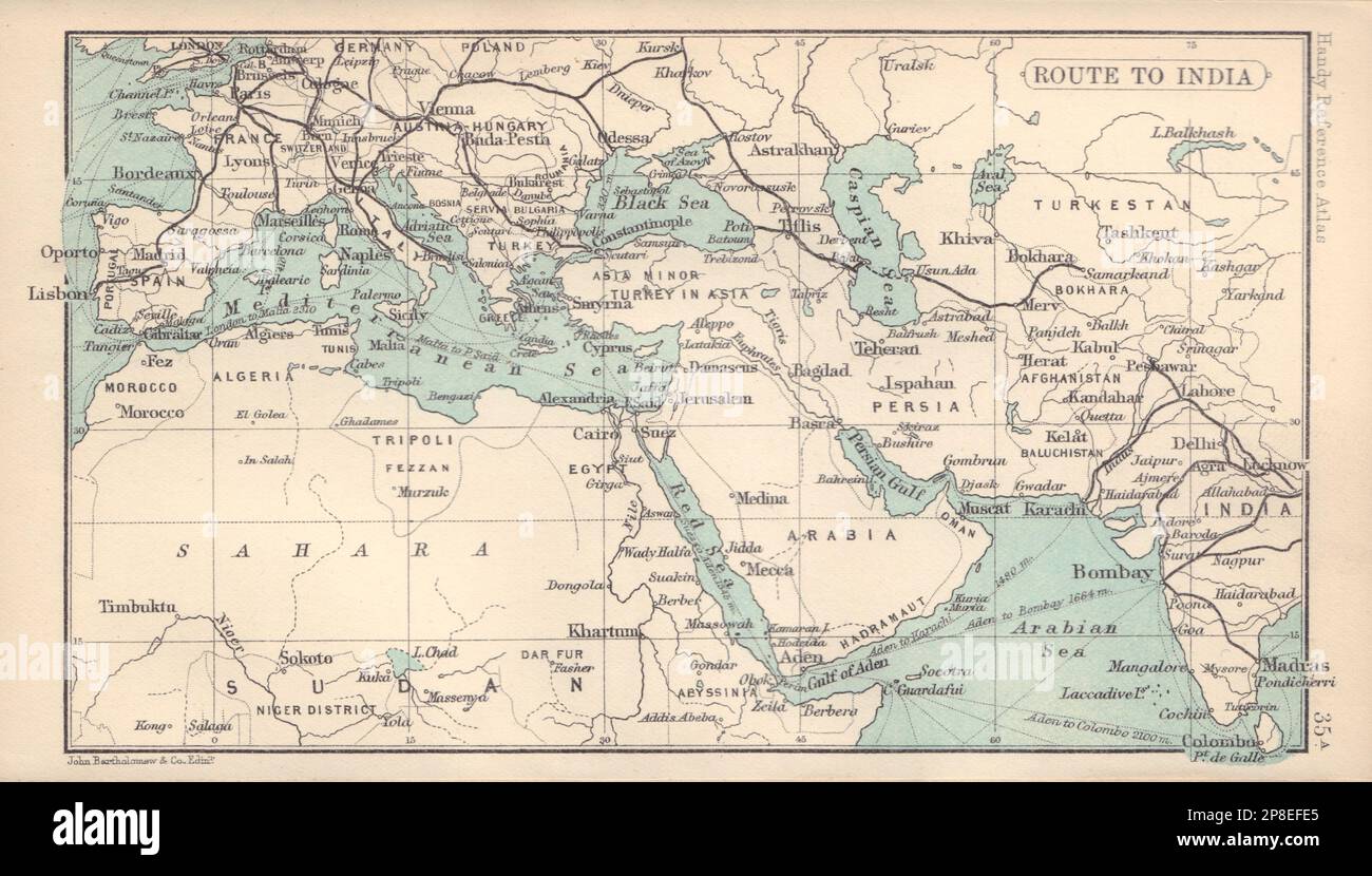 Rotte per l'India dal Regno Unito. India britannica. BARTHOLOMEW 1898 vecchia mappa antica Foto Stock