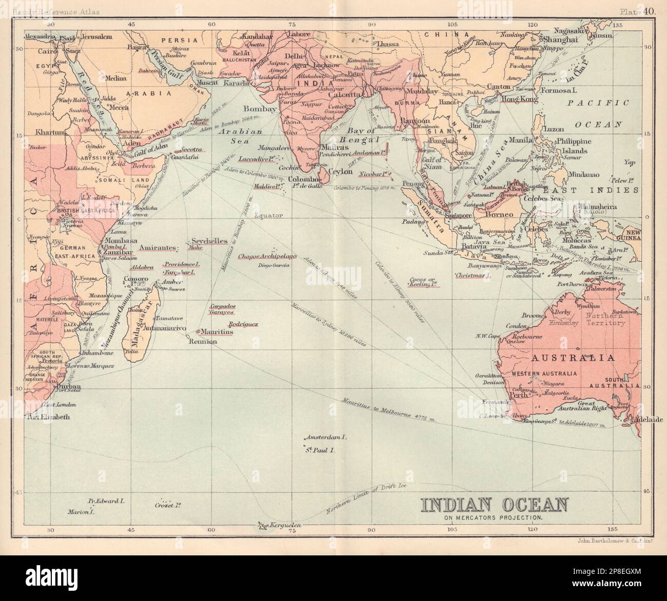 Schema dell'Oceano Indiano. Territori britannici in rosa 1898 vecchia mappa Foto Stock