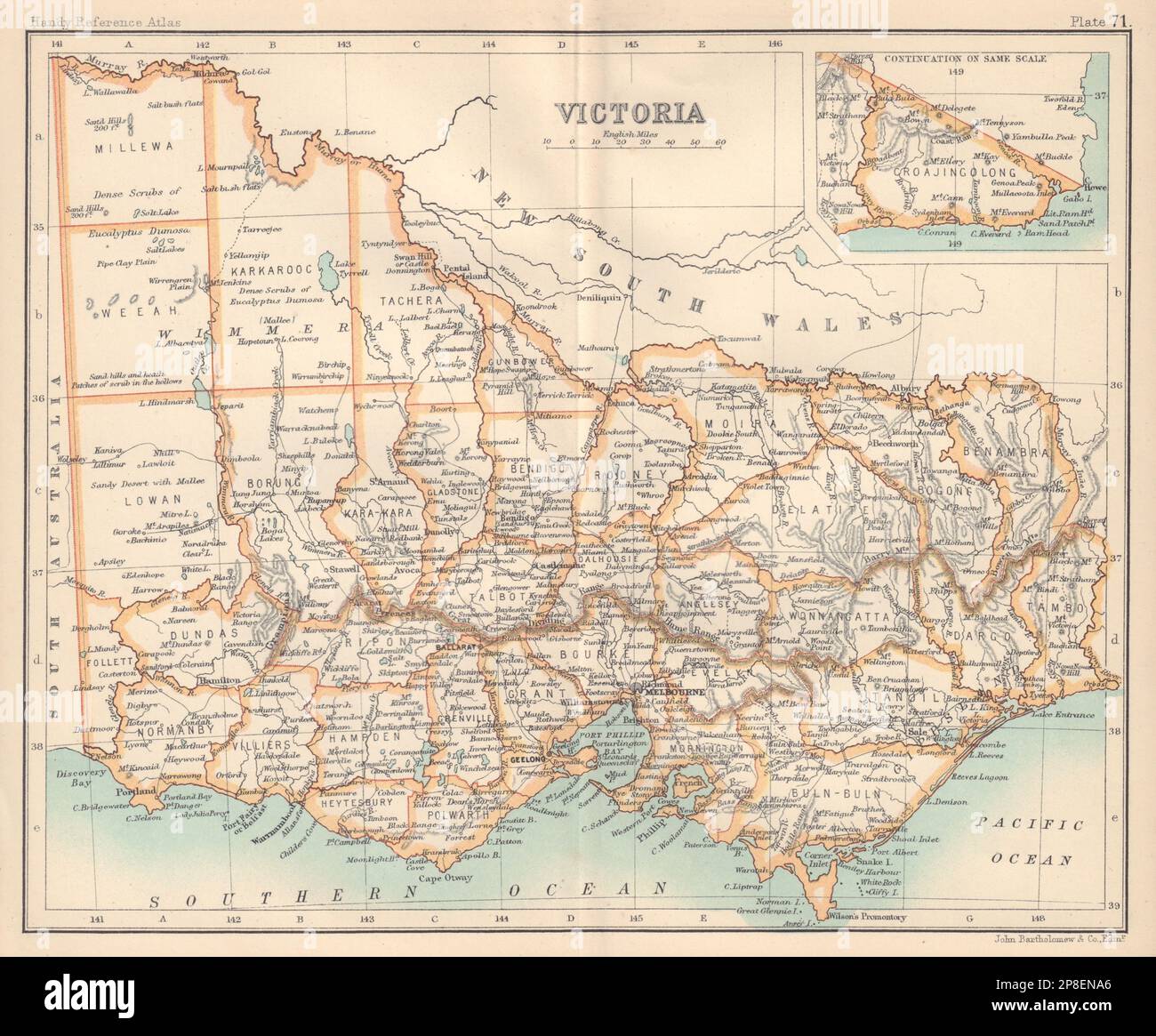 Mappa dello stato di Victoria. Australia. BARTOLOMEO 1898 vecchio piano grafico antico Foto Stock