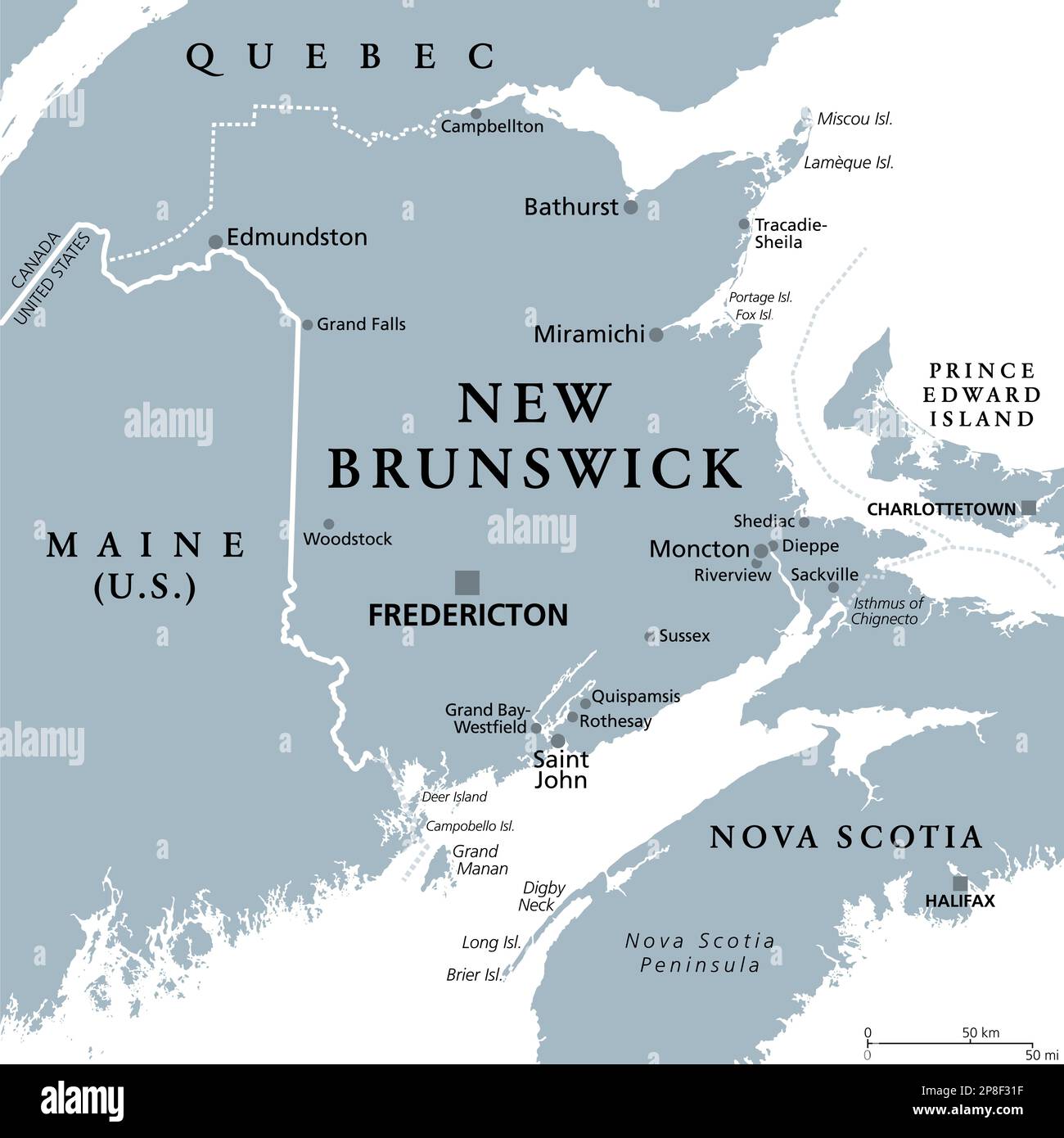 New Brunswick, provincia marittima e atlantica del Canada, mappa politica grigia. Confinante con Quebec, Nova Scotia, Maine e il Golfo di San Lorenzo. Foto Stock