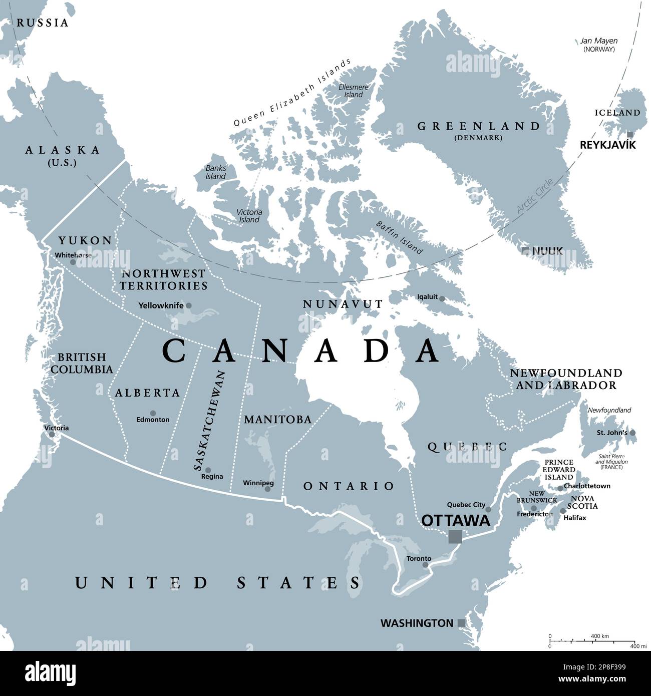 Canada, divisioni amministrative, mappa politica grigia. Dieci province e tre territori del Canada, con i loro confini e le loro capitali. Foto Stock