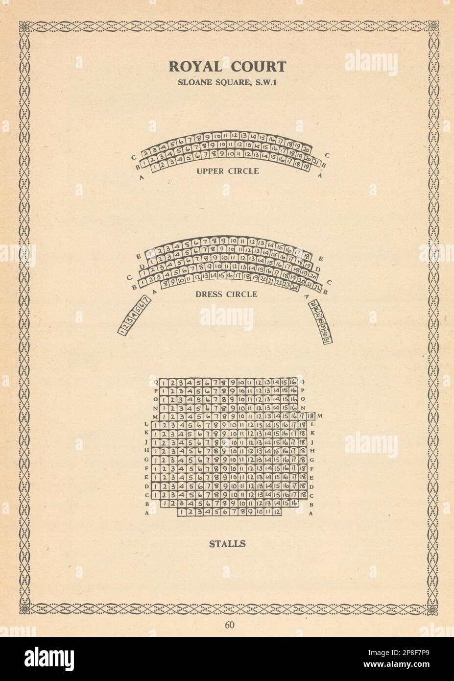 Royal Court Theatre, Sloane Square, Londra. Posti a sedere vintage con stampa 1960 Foto Stock