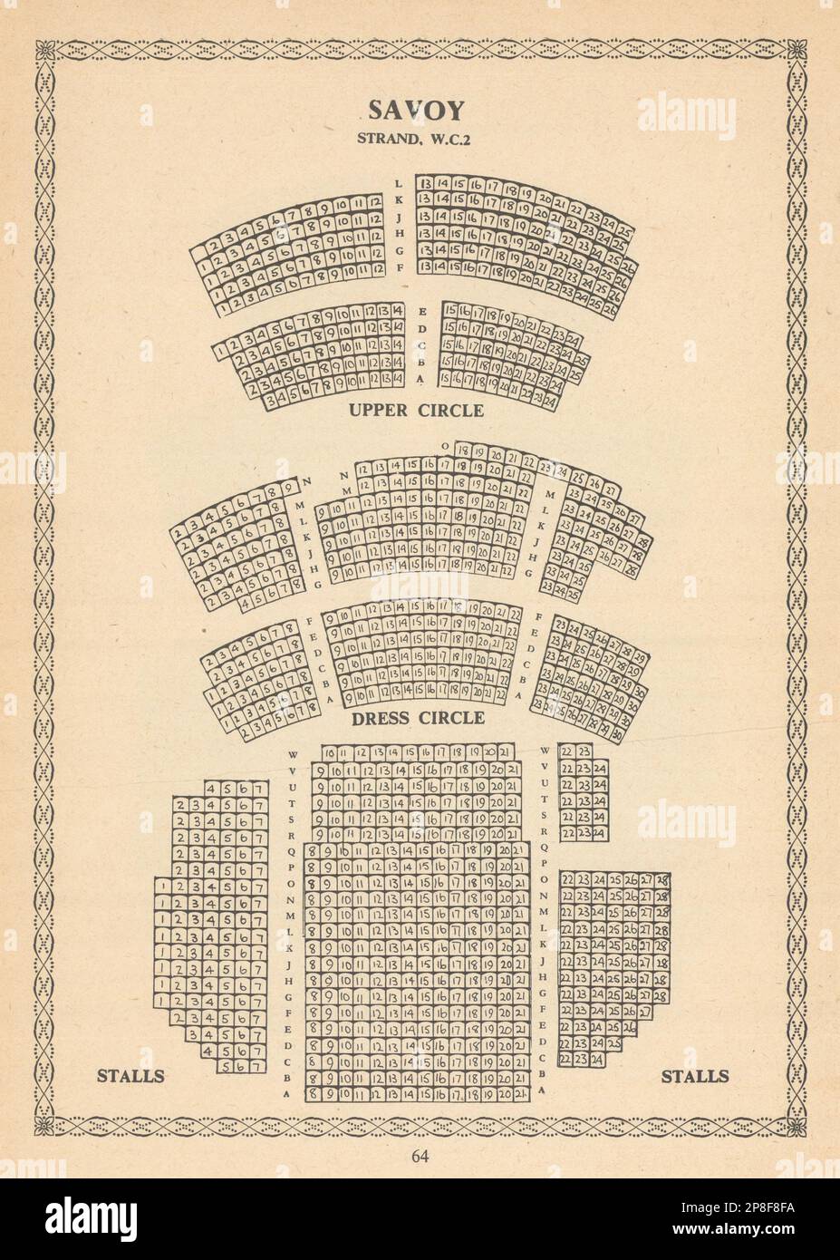 Savoy Theatre, Strand, Londra. Pianta vintage dei posti a sedere 1960 vecchia stampa vintage Foto Stock