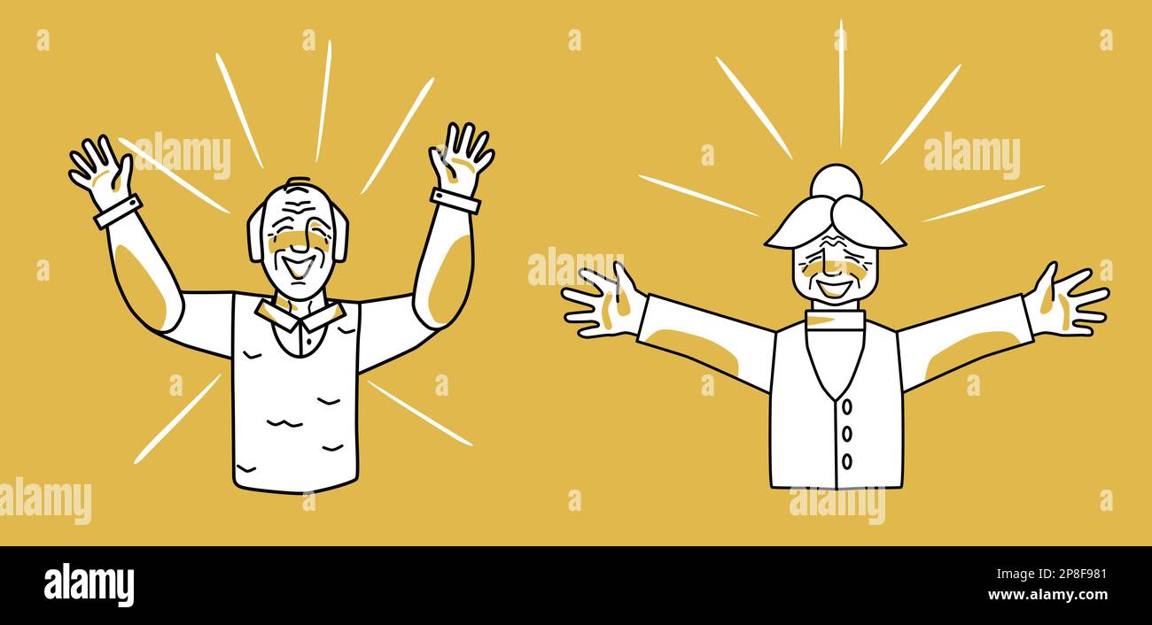 Felice vecchio e donna, emozione di felicità, arancione e bianco. Piacere e soddisfazione della nonna e del nonno, aprite le braccia. Semicorpo Illustrazione Vettoriale