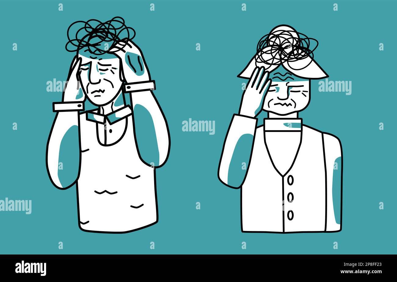 Uomo e donna anziani stressati, menta e bianco, tenendo una mano sulla testa, occhi chiusi. Stress umore di nonno e nonna, line art, mezzo corpo Illustrazione Vettoriale