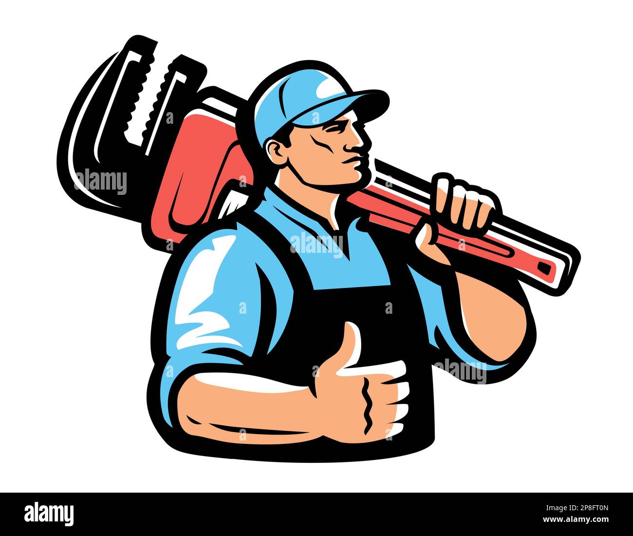 Emblema per l'assistenza tecnica. Idraulico con logo chiave idraulica. Illustrazione vettoriale per lavori di costruzione, officina, riparazione Illustrazione Vettoriale