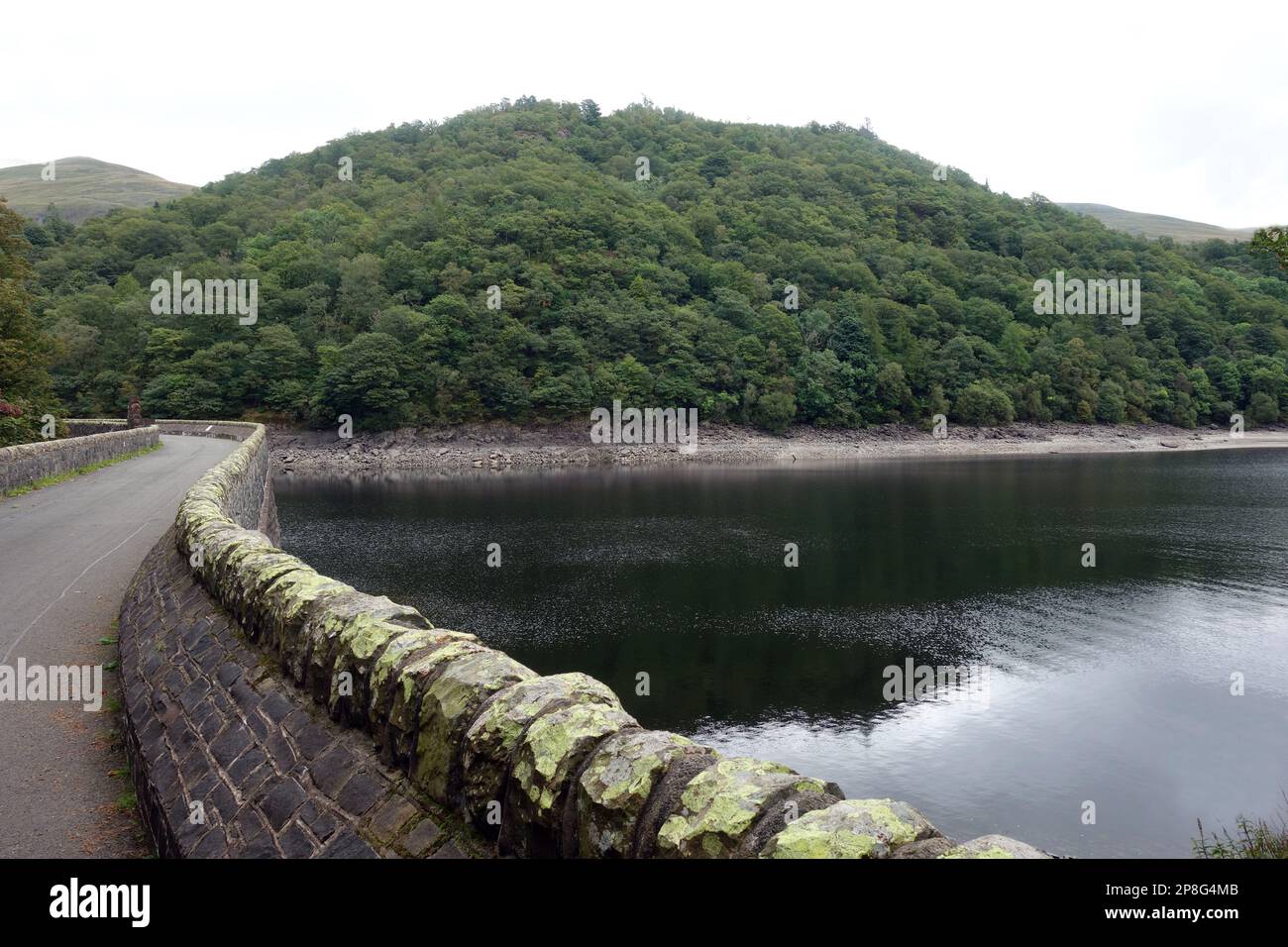 La collina boscosa 'Great How' dalla diga del lago artificiale di Thirlmere nel Lake District National Park, Cumbria, Inghilterra, Regno Unito. Foto Stock
