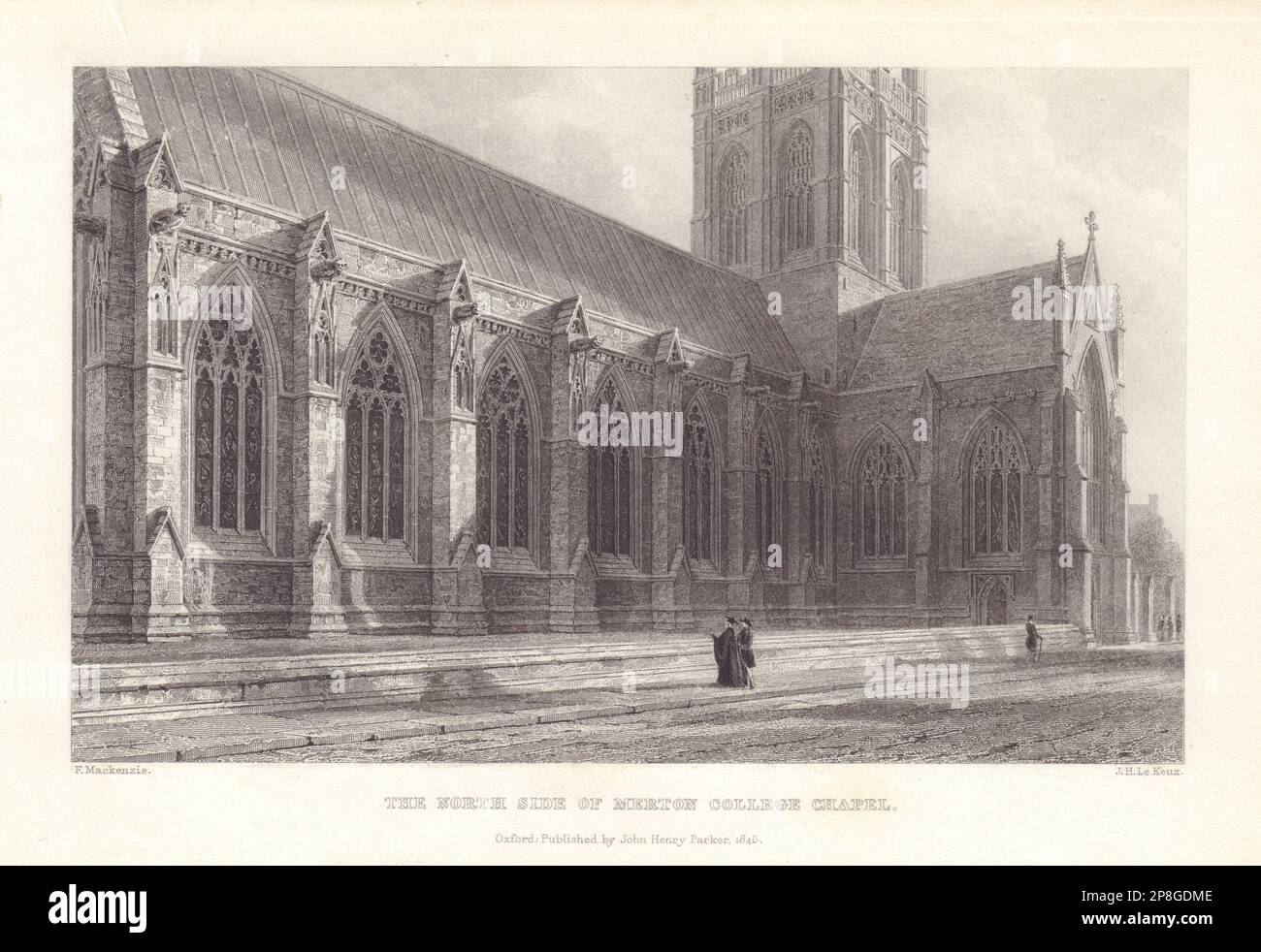 Il lato nord della cappella del Merton College, Oxford, di John le Keux 1837 stampa Foto Stock