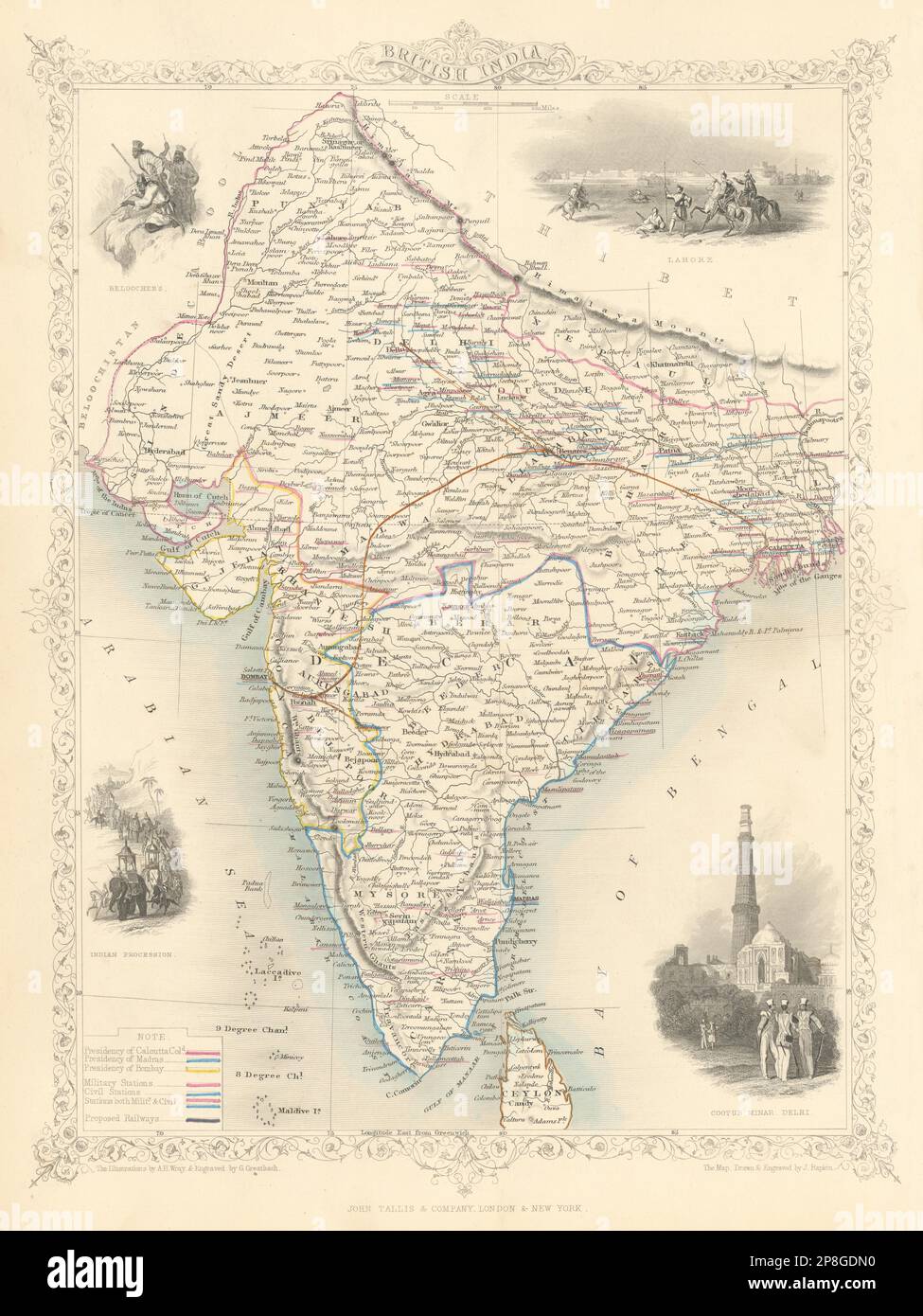 INDIA BRITANNICA. Mostra 'Ferrovie proposte'. Basi militari.TALLIS/RAPKIN 1851 mappa Foto Stock
