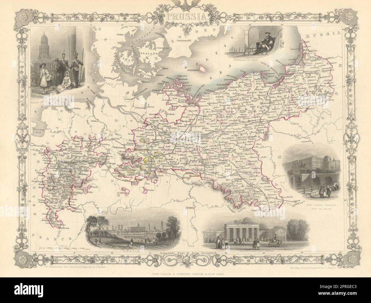 La Prussia. Vedute di Berlino, la Porta di Brandeburgo &c. TALLIS & RAPKIN 1851 mappa vecchia Foto Stock