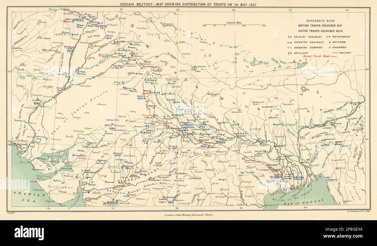 MUTINISMO/RIBELLIONE INDIANO. Posizione della truppa britannica e nativa 1 maggio 1857 1905 mappa Foto Stock