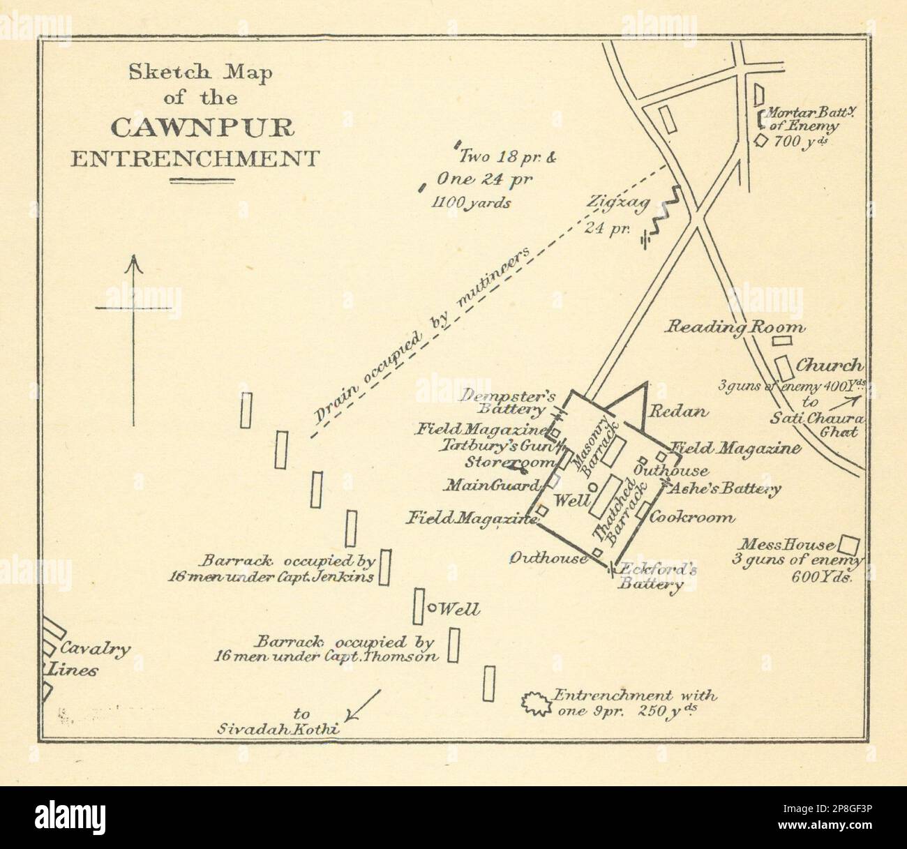 INDIA BRITANNICA. Cawnpur (Kanpur) entrenchment. 1857 Indian Mutiny 1905 vecchia mappa Foto Stock