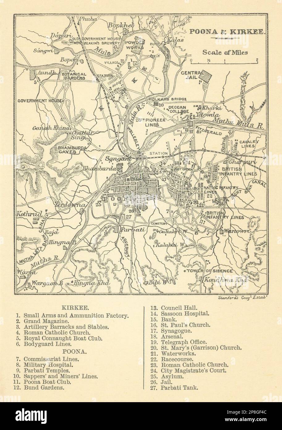 INDIA BRITANNICA. Schizza le mappe delle città di Poona (Pune) e Kirkee 1905 Foto Stock