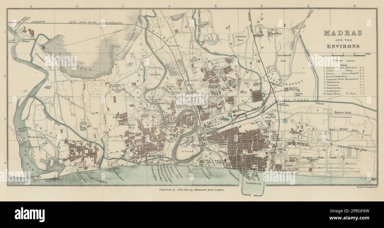 INDIA BRITANNICA. Madras (Chennai) e dintorni piano della città. Visualizzazione degli hotel. mappa 1905 Foto Stock