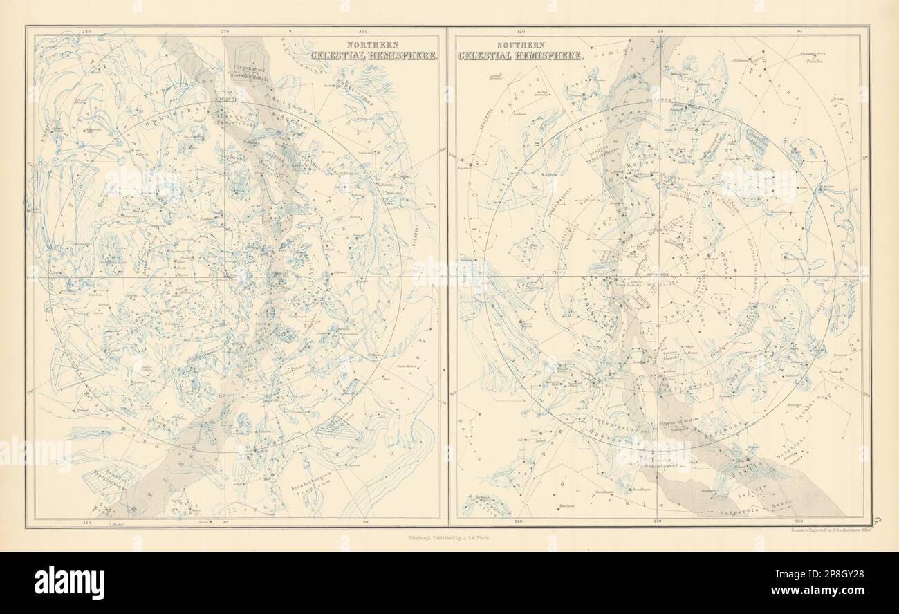 Mappe a stelle. Emisferi celesti settentrionali e meridionali. GIOVANNI BARTOLOMEO 1862 Foto Stock