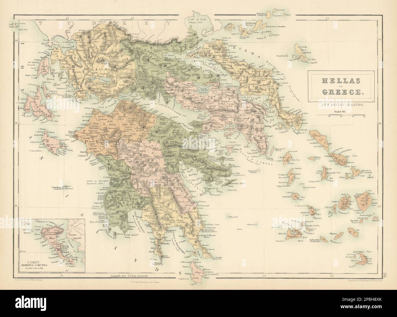 Hellas o Grecia. Isole IONIE, Cicladi e del Mar Egeo. Corfù. MAPPA DI SIDNEY HALL 1862 Foto Stock