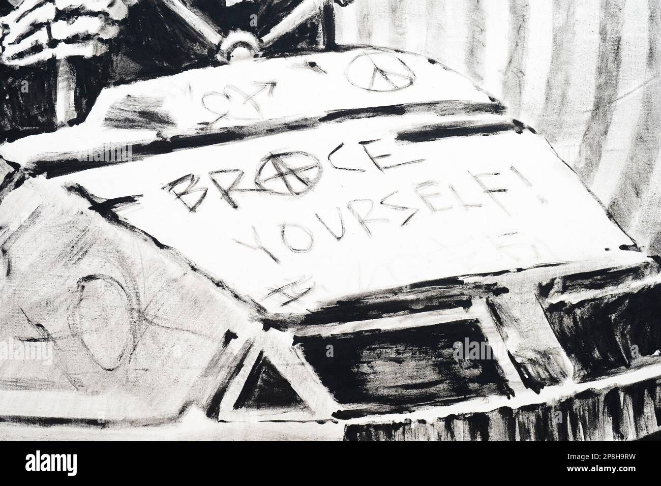 Il dipinto originale di Banksy con il suo cupiente reaper Brace Yourself!, all'Hard Rock Cafe di Londra prima di essere offerto in vendita dalle Julien's Auctions di Los Angeles. Data immagine: Giovedì 9 marzo 2023. Foto Stock
