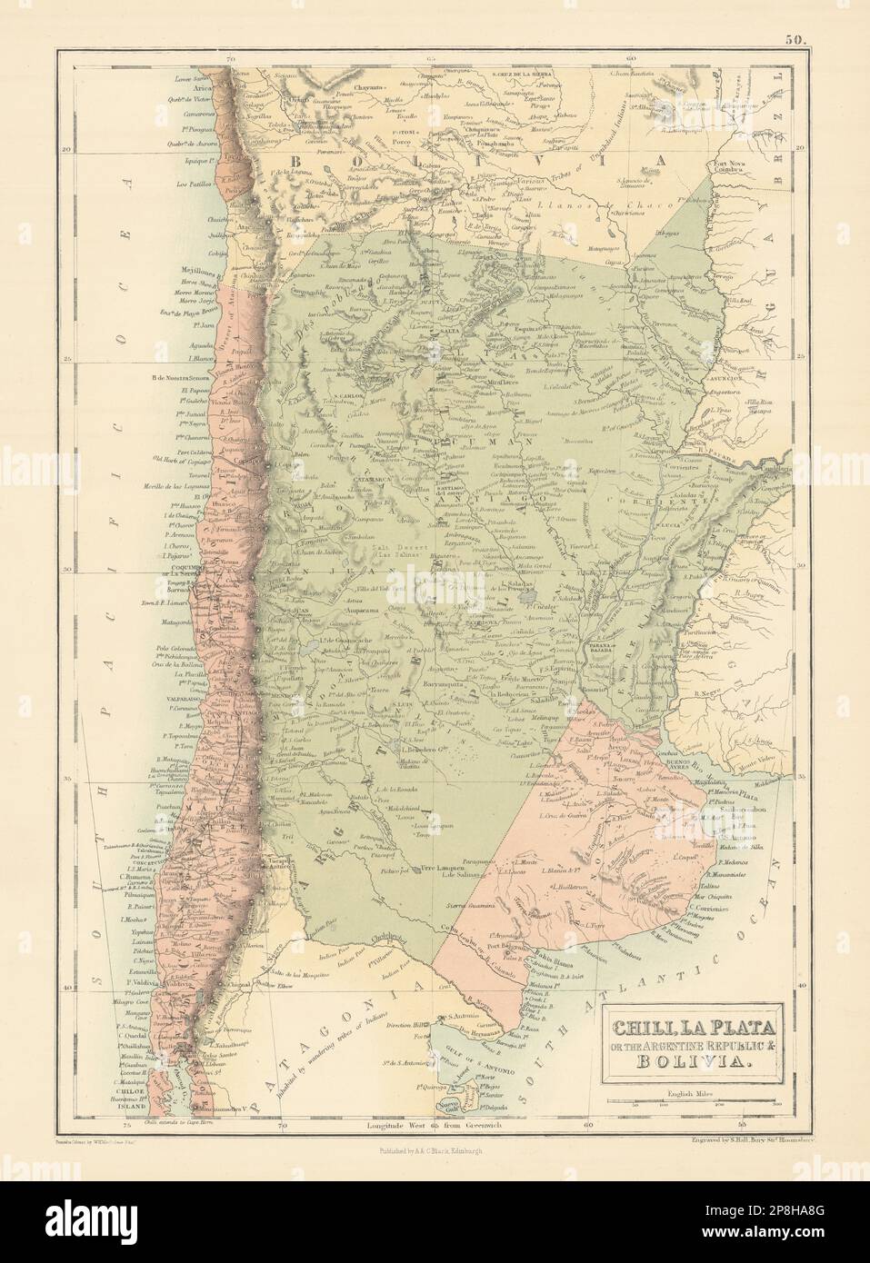 Cile Repubblica Argentina Bolivia con Litorale Cile Argentina BARTOLOMEO 1862 mappa Foto Stock