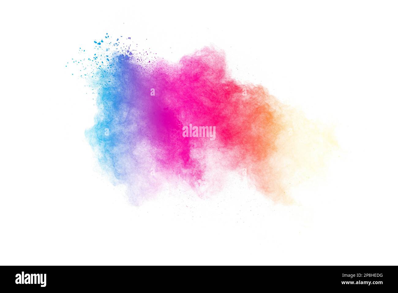 Una spruzzata di polvere color pastello su sfondo bianco. Sfondo blu a trama di particelle rosa giallo. Foto Stock