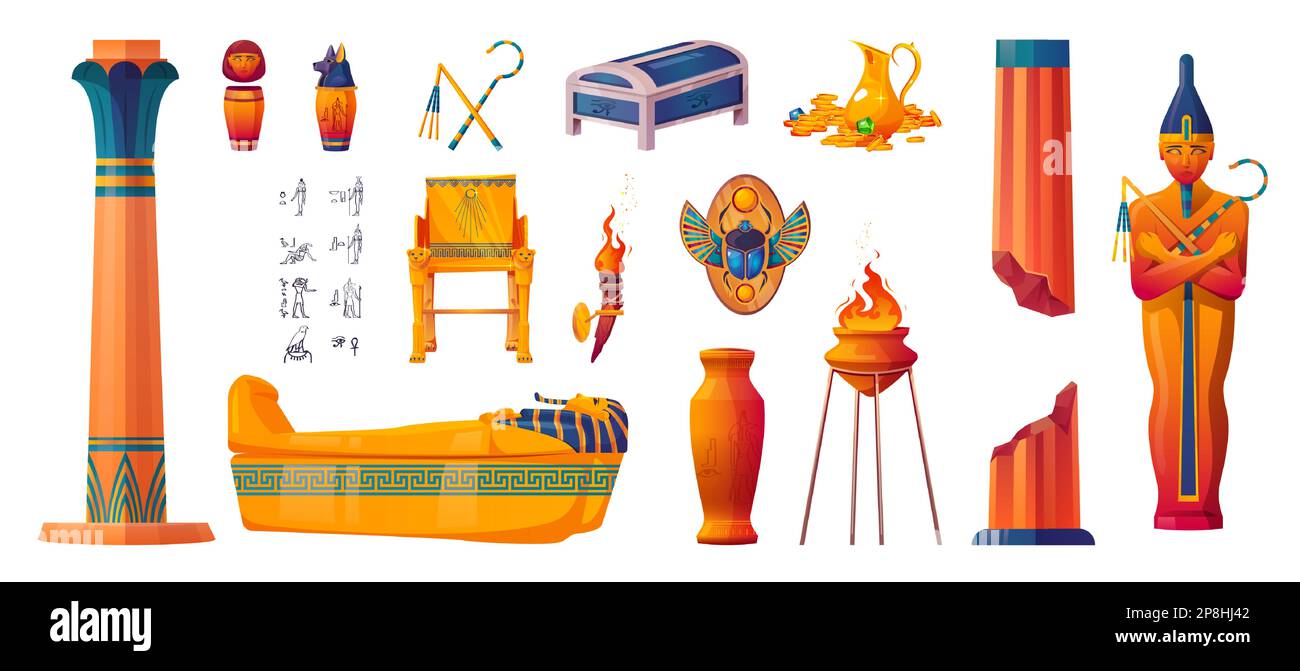Antichi simboli dell'Egitto, statue di dio e faraone, tesori piramidali, scarabei, geroglifi e sarcofago. Segni di civiltà egiziana, ankh, trono d'oro, vaso e pilastri, vettore cartoon set Illustrazione Vettoriale