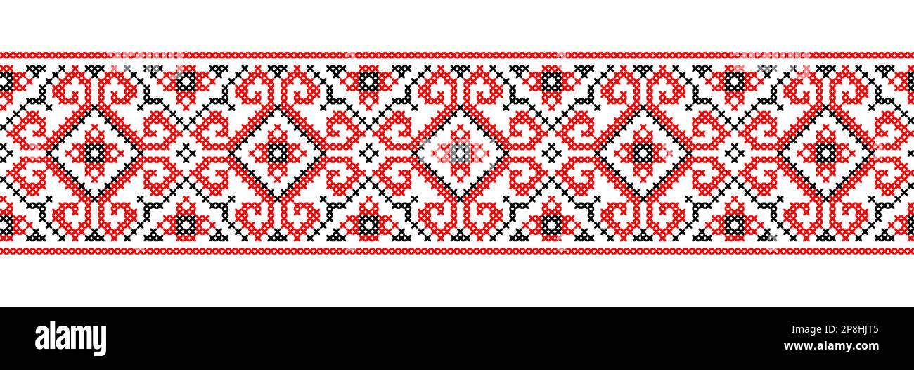 Ornamento vettoriale ucraino, confine senza giunture. Popolare ucraino, ricamo geometrico etnico. Ornamento nei colori rosso e nero. Pixel art, vyshyvanka Illustrazione Vettoriale