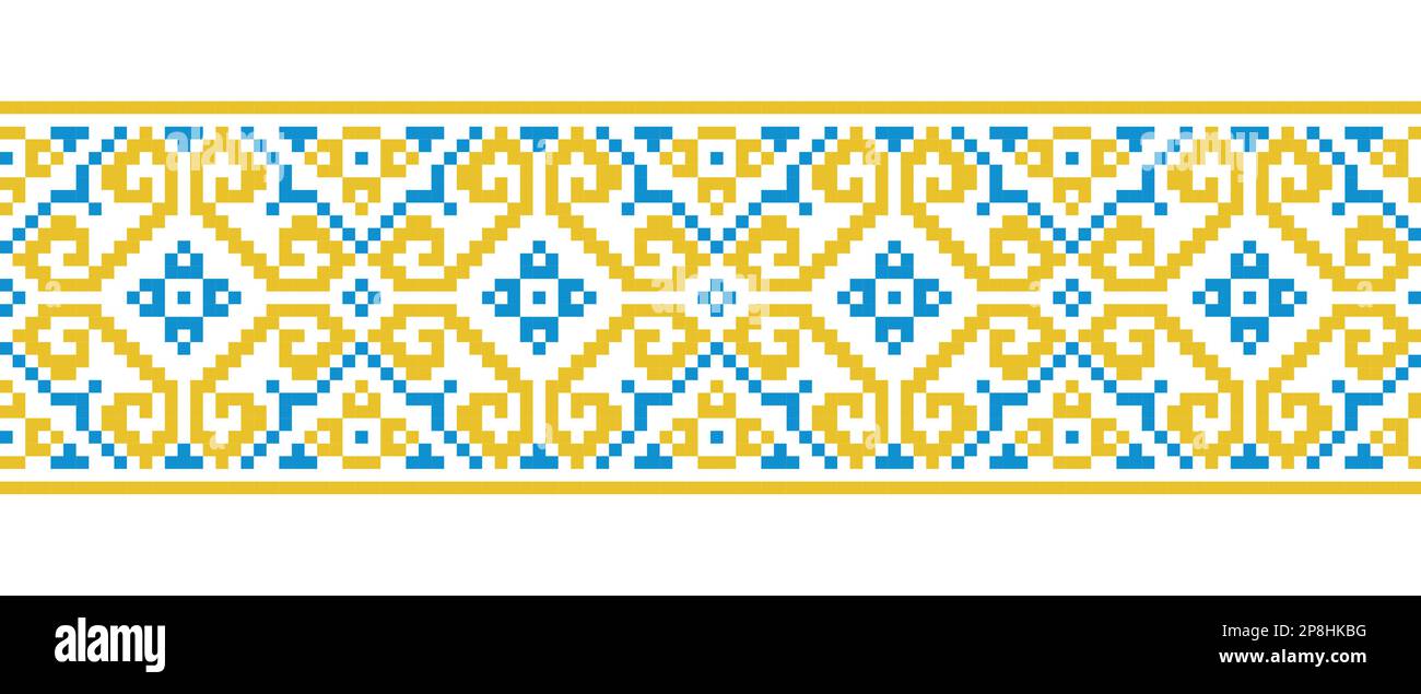 Ornamento ucraino nei colori giallo e blu. Ornamento vettoriale geometrico ucraino, bordo, motivo. Pixel art, tradizionale ricamo vyshyvanka Illustrazione Vettoriale