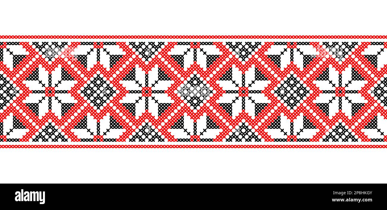 Modello ucraino. Ornamento vettoriale, bordo senza giunture. Popolare ucraino, ricamo geometrico etnico. Motivo in rosso e nero. Pixel art Illustrazione Vettoriale