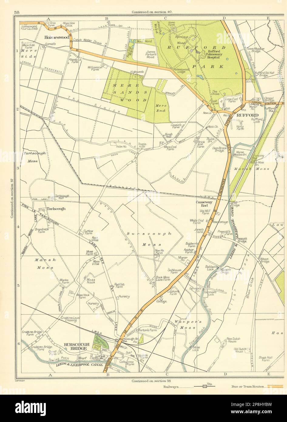 LANCASHIRE Holmeswood Burscough Bridge Warper's Moss Rufford Marsh Moss 1935 mappa Foto Stock