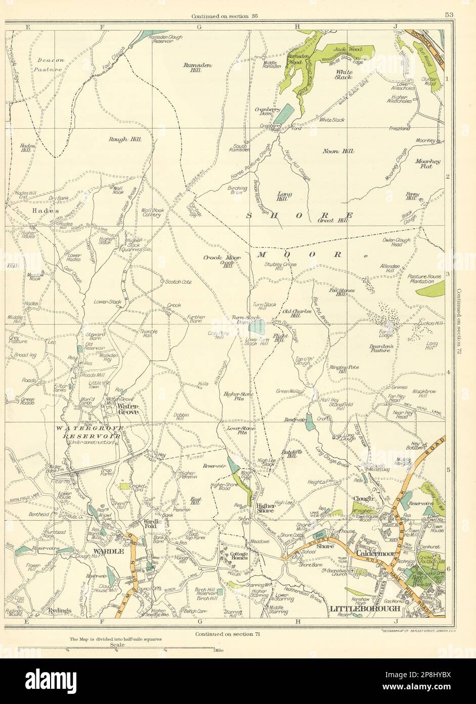 LANCASHIRE Shore Moor Wardle Littleborough Caldermoor Water Grove Hades 1935 mappa Foto Stock