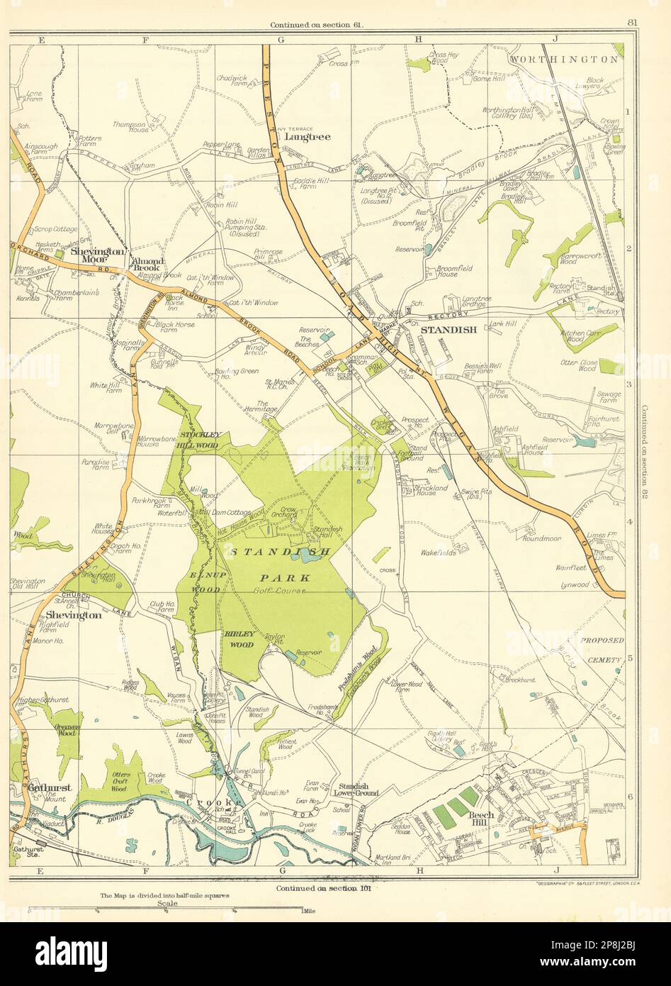 LANCASHIRE Gathurst Shevington Standish Worthington Langtree 1935 vecchia mappa Foto Stock