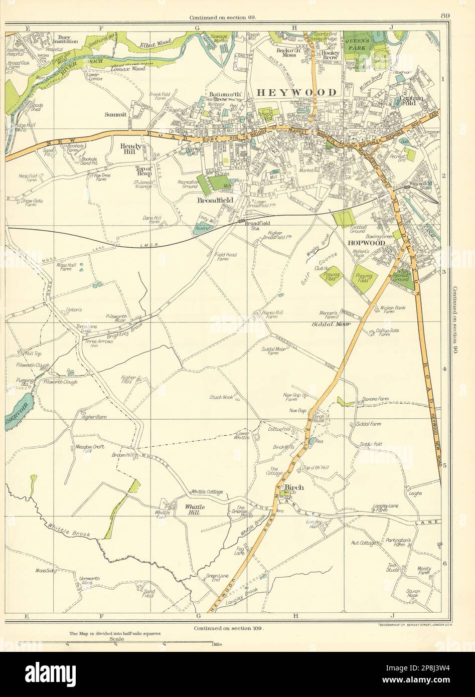 HEYWOOD Bury Heady Hill Broadfield Hopwood Birch Whittle Hill 1935 vecchia mappa Foto Stock