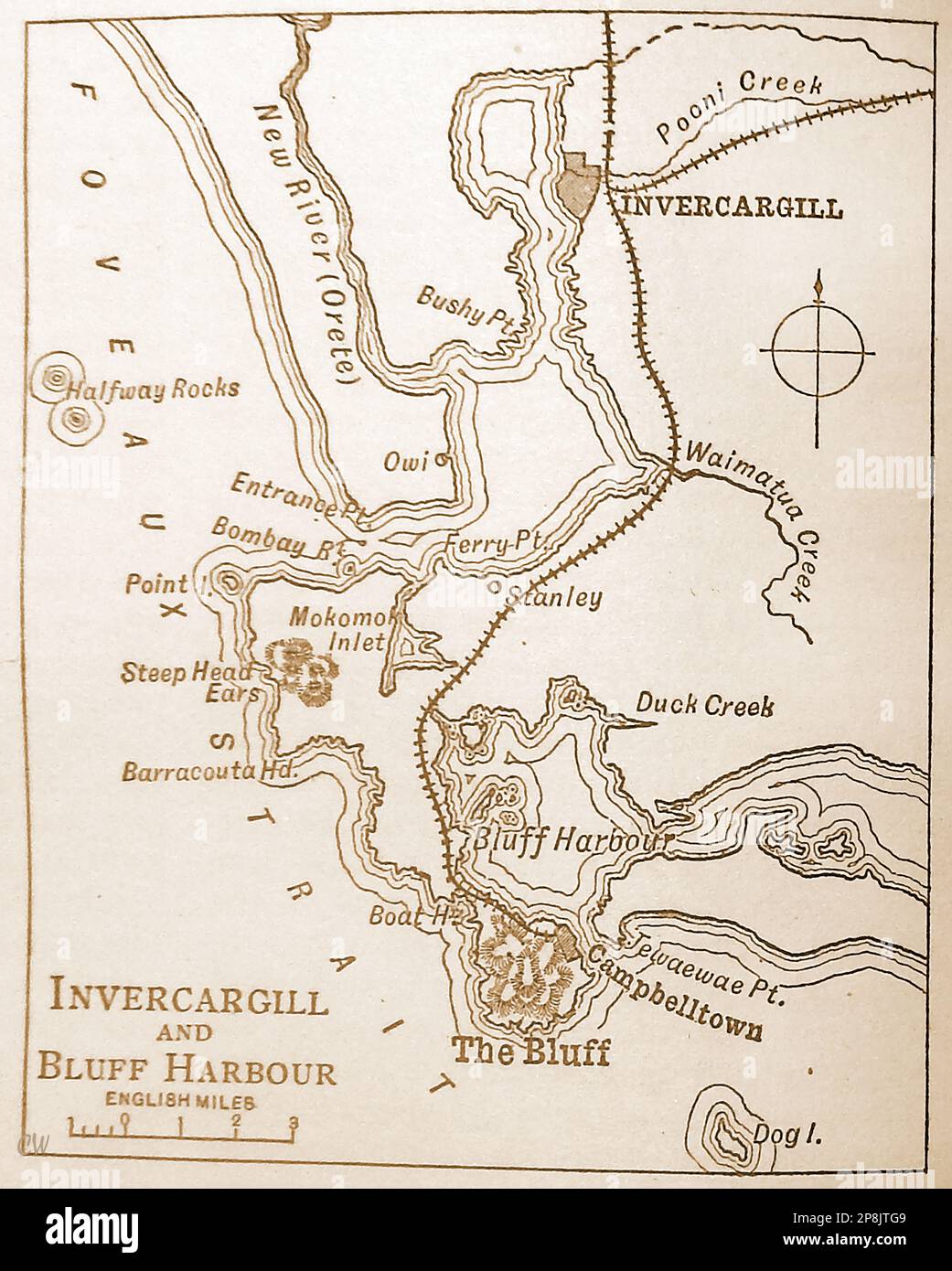 Una vecchia mappa del 19th ° secolo di Invercargill e Bluff porto, Nuova Zelanda. Foto Stock