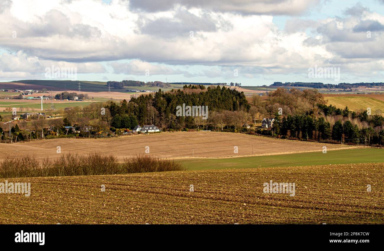 Dundee, Tayside, Scozia, Regno Unito. 9th Mar, 2023. UK Weather: Il nord-est della Scozia sta sperimentando il clima primaverile, ma è molto freddo, con temperature che si aggirano intorno ai 3°C. Una pittoresca vista panoramica della valle di Strathmore, delle colline di Sidlaw e della campagna circostante nella campagna di Dundee sotto il sole di marzo. Credit: Dundee Photographics/Alamy Live News Foto Stock