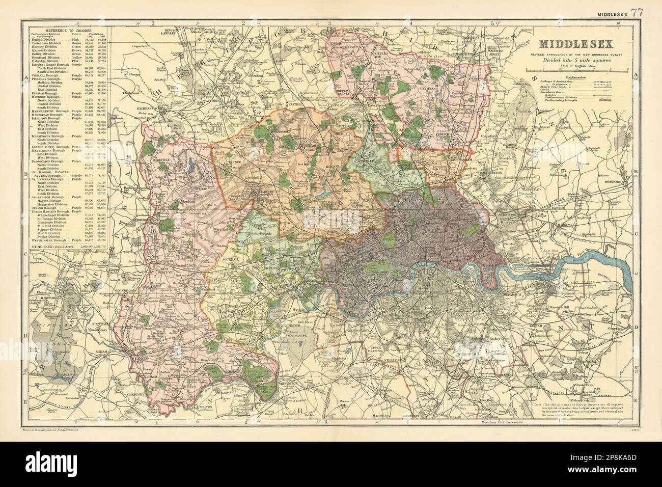 MIDDLESEX & LONDON County map.Parliament Constitutencies.Railways.BACON 1900 Foto Stock