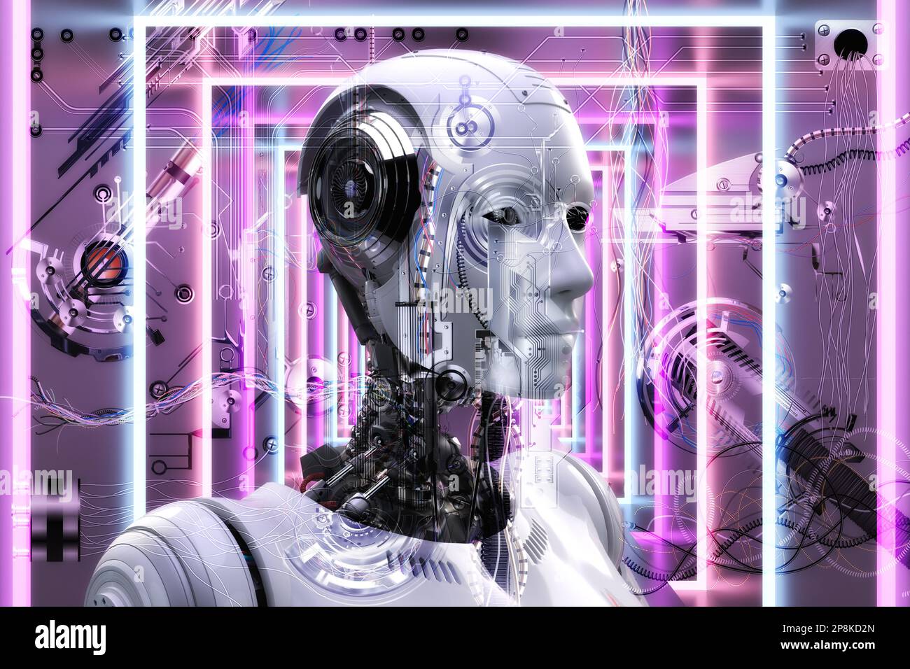 Illustrazione artistica 3D di Un Cyborg con intelligenza artificiale Foto Stock