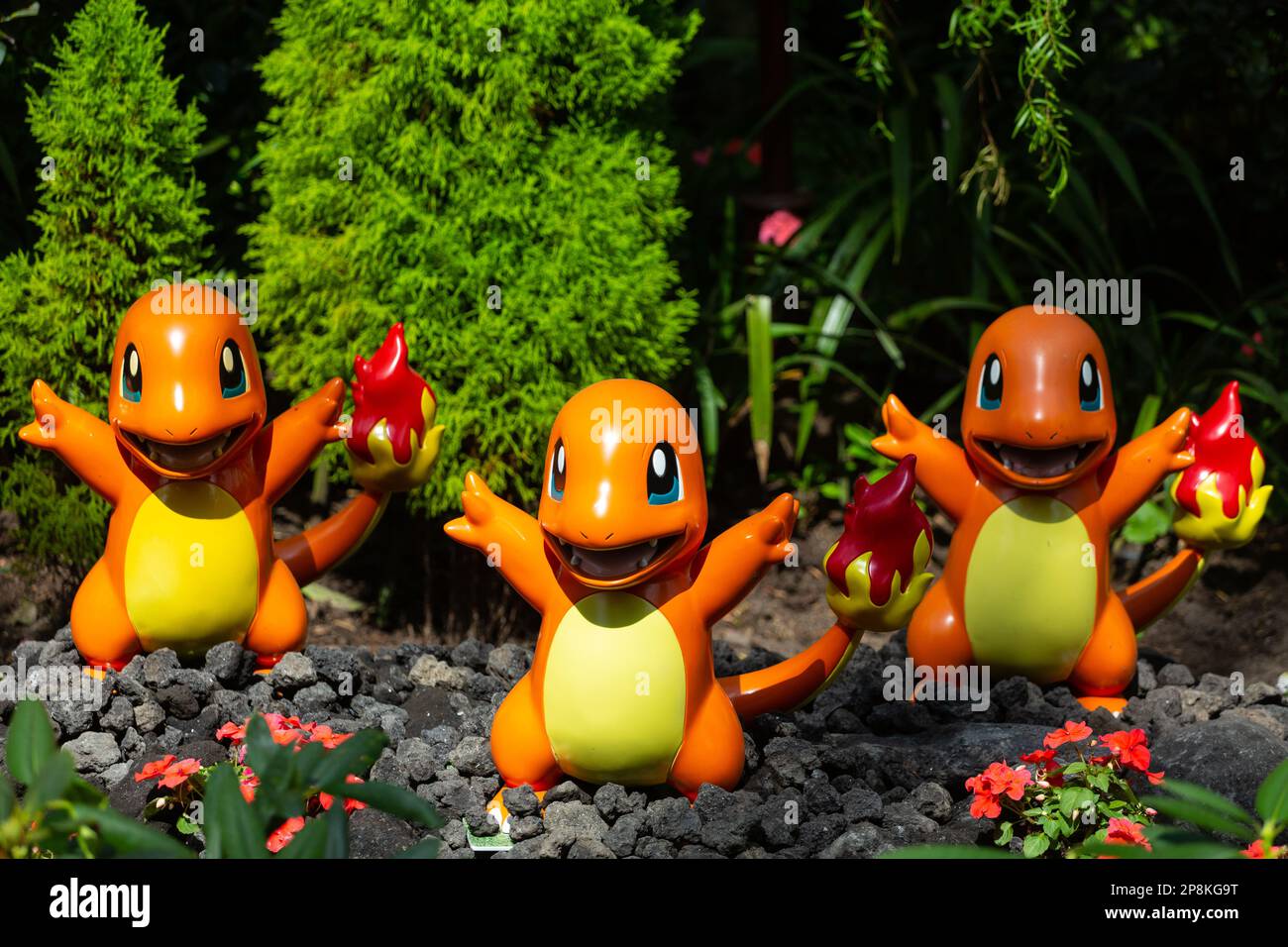 I personaggi delle statuette Pokemon Charmander stanno posando all'interno del Flower Dome a Gardens by the Bay, Singapore. Foto Stock