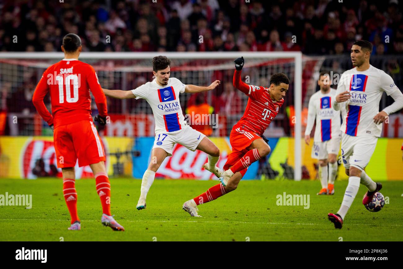 Munic, Germania. 8th Mar, 2023. Jamal Musiala (Muenchen), Vitinha (PSG) Bayern Munic - Parigi Saint Germain Bayern München - Parigi St Germain UEFA Cham Foto Stock