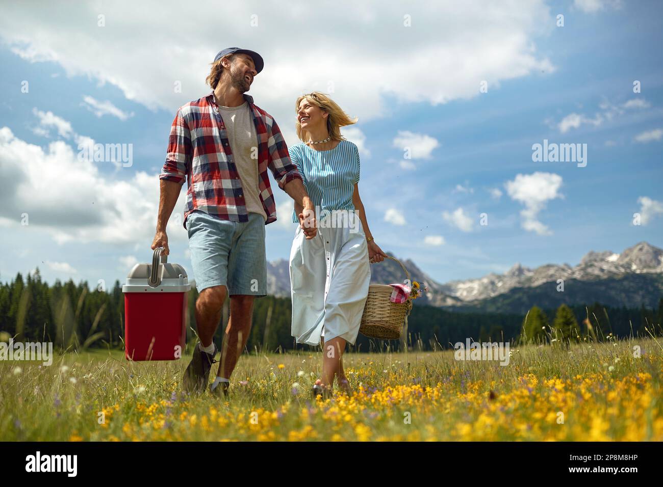 giovane coppia caucasica adulta tenendo le mani, camminando nella natura, trasportando il cestino e un frigorifero mobile, andando al picnic Foto Stock