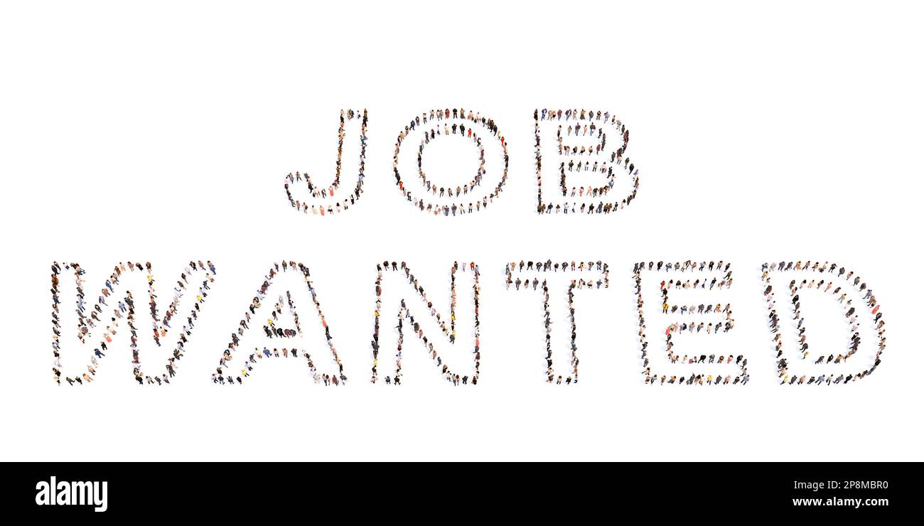 Concettuale grande comunità di persone che formano LAVORO VOLUTO messaggio. 3d metafora illustrativa per il lavoro, le risorse umane, l'occupazione, il reclutamento Foto Stock